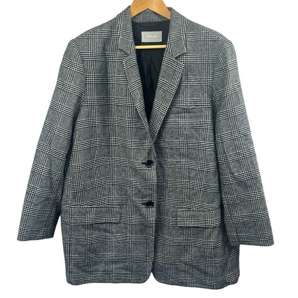 Everlane Oversized Glen Plaid Wool Blazer Size 16 Black Gray Houndstooth - Picture 1 of 14